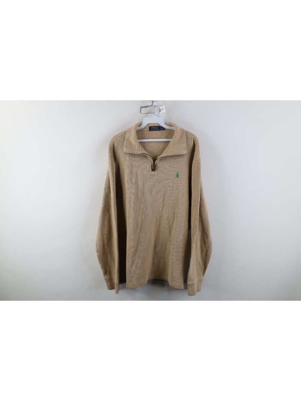 Vintage Y2K Ralph Lauren Mens XL Cotton Ribbed Knit 1/4 Zip Pullover Sweater Tan